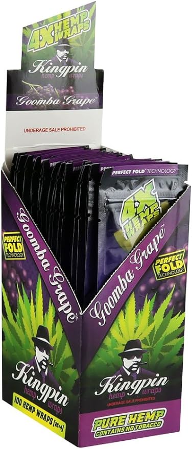 Front angled view of the Kingpin 4X Flavored Hemp Wraps 25-count display box in dark purple and green packaging. Made from 100% natural toasted hemp, these tobacco-free wraps feature a "perfect fold" design for easy rolling and come four to a pack in resealable pouches.