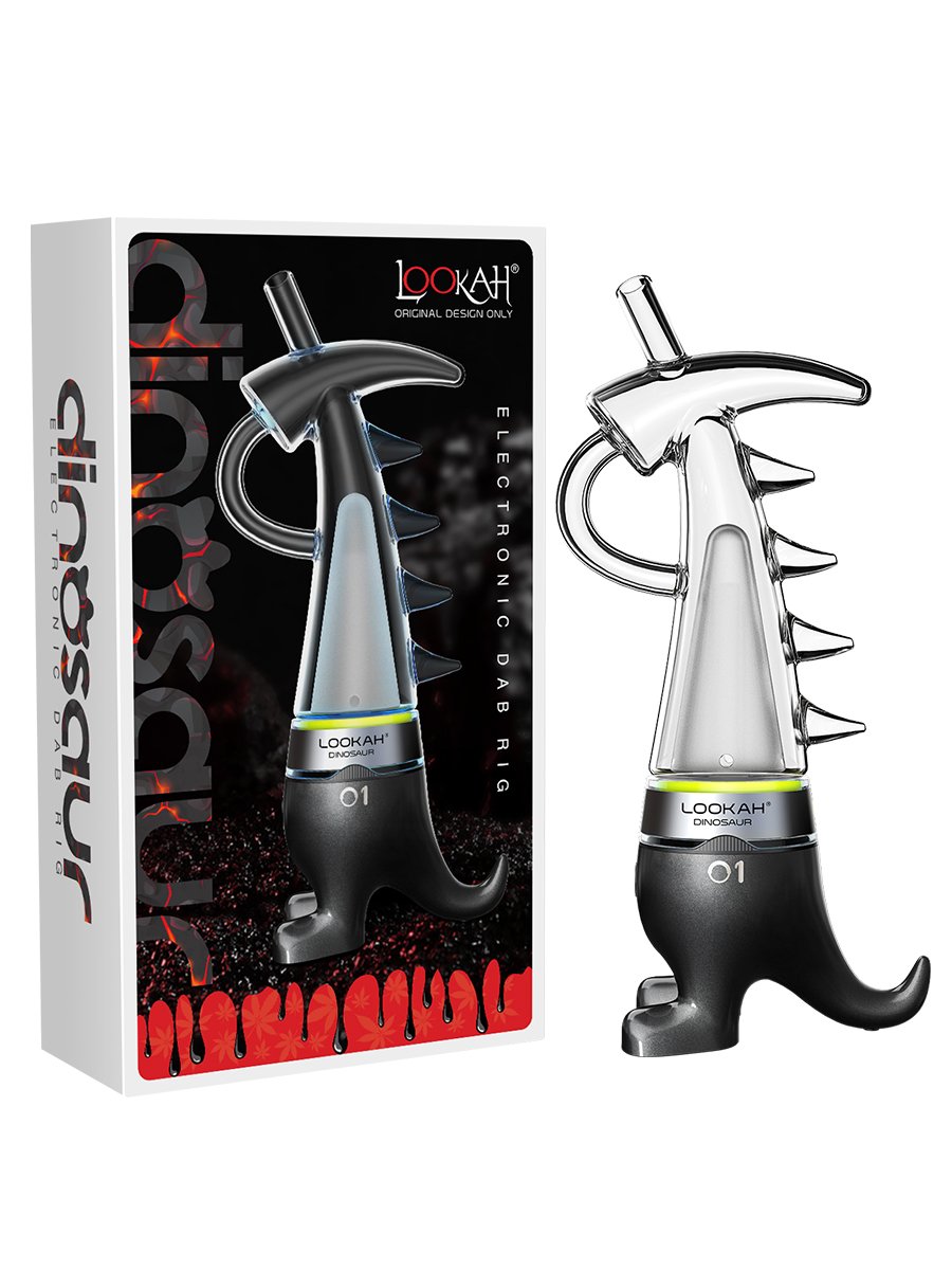 Front view of the Lookah Dinosaur Electric Dab Rig in classic black. This portable e-rig features a unique dinosaur-shaped glass water bubbler and a magnetic quartz coil to deliver smooth, water-filtered hits from your wax concentrates.