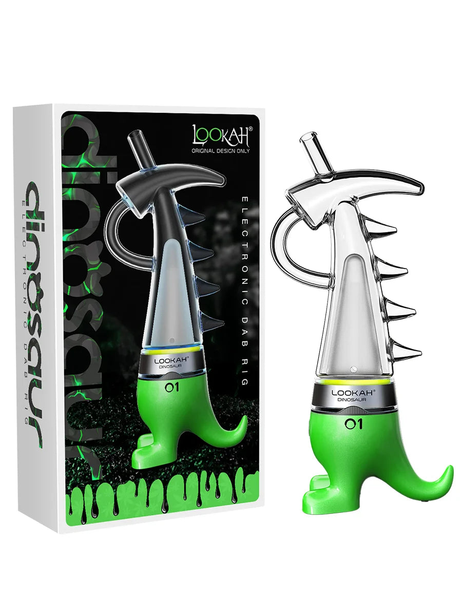 Front profile view of the Lookah Dinosaur Electric Dab Rig in green. This portable e-rig features a unique dinosaur-shaped glass water bubbler and a magnetic quartz coil to deliver smooth, water-filtered hits from your wax concentrates.