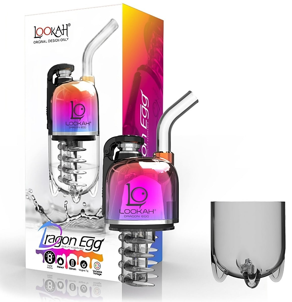 Front view of the Lookah Dragon Egg eRig vaporizer in iridescent rainbow. This capsule-shaped electronic desktop rig utilizes a patented 710 quartz cup coil to vaporize wax concentrates evenly for exceptionally clean-tasting hits.