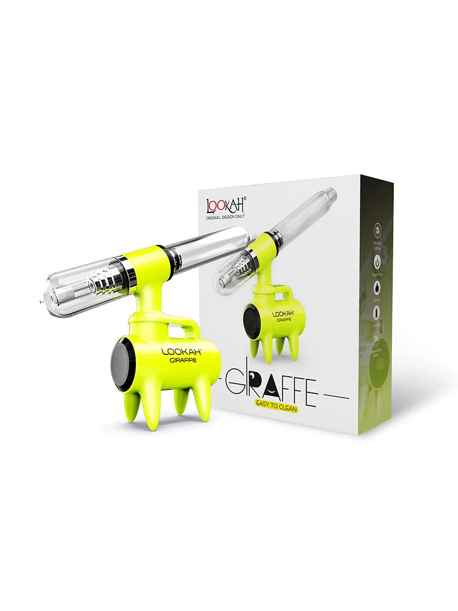 Front angled view of the Lookah Giraffe Nectar Collector Kit in neon green. This free-standing 650mAh extraction unit features a four-legged chassis that securely elevates the heated quartz tip above tabletop surfaces.