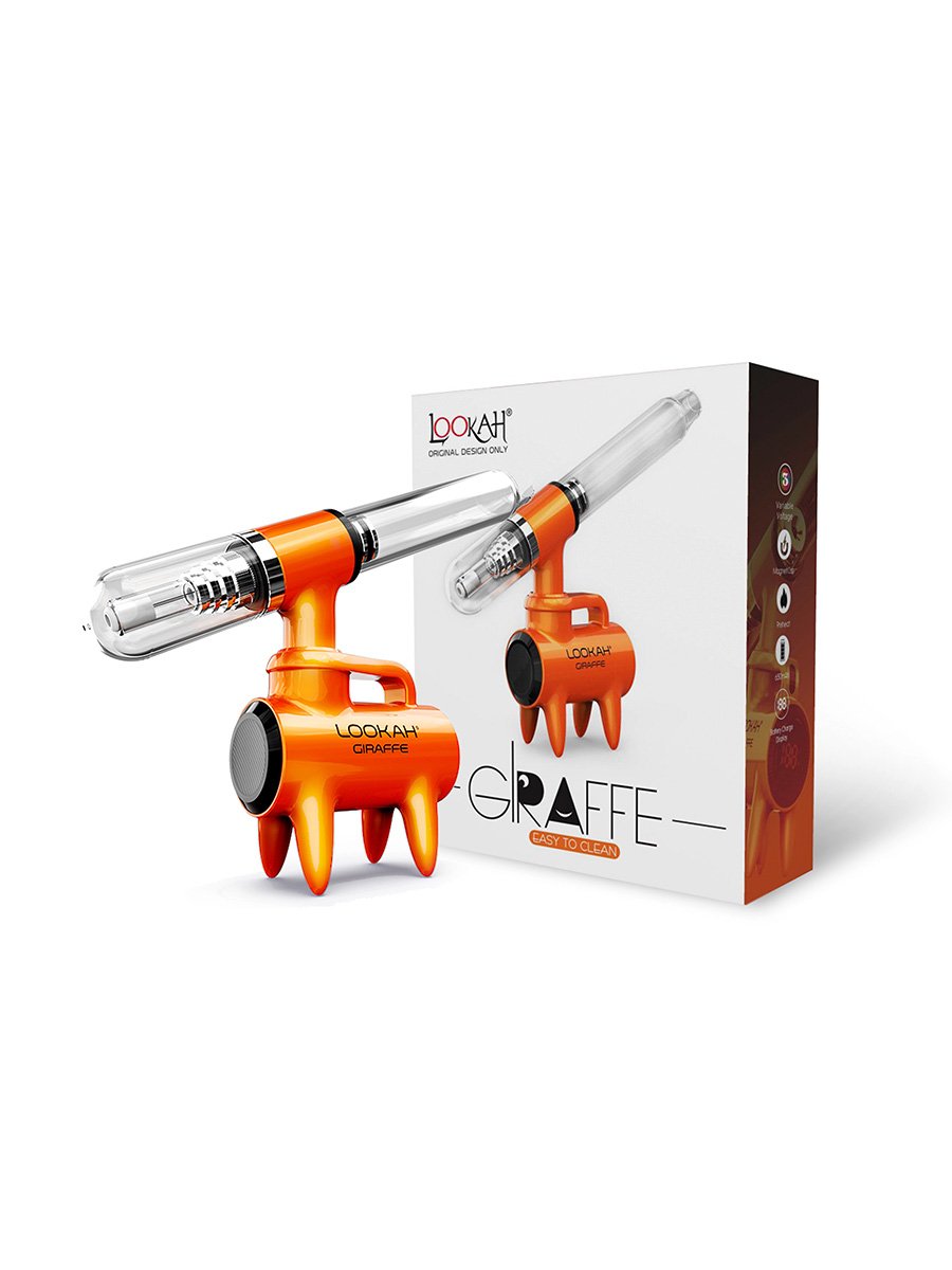 Front angled view of the Lookah Giraffe Nectar Collector Kit in solid orange. This free-standing 650mAh extraction unit features a four-legged chassis that securely elevates the heated quartz tip above tabletop surfaces.