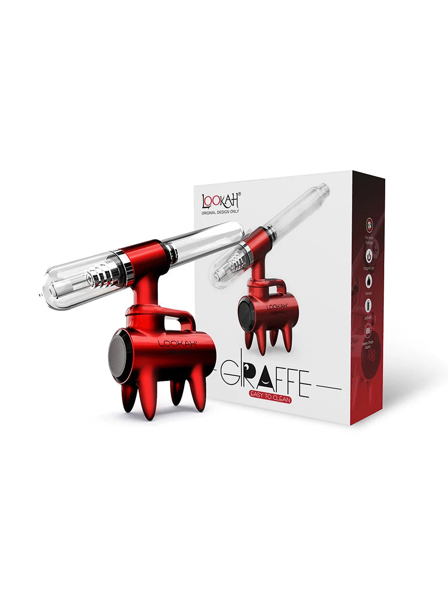 Front angled view of the Lookah Giraffe Nectar Collector Kit in solid red. This free-standing 650mAh extraction unit features a four-legged chassis that securely elevates the heated quartz tip above tabletop surfaces.