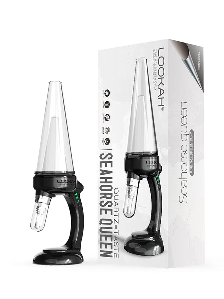 Front profile view of the Lookah Seahorse Queen Electric Nectar Collector in classic black. This premium electronic nectar collector features adjustable voltage settings and a porous quartz heating tip for smooth, flavorful dabs directly from your wax container.