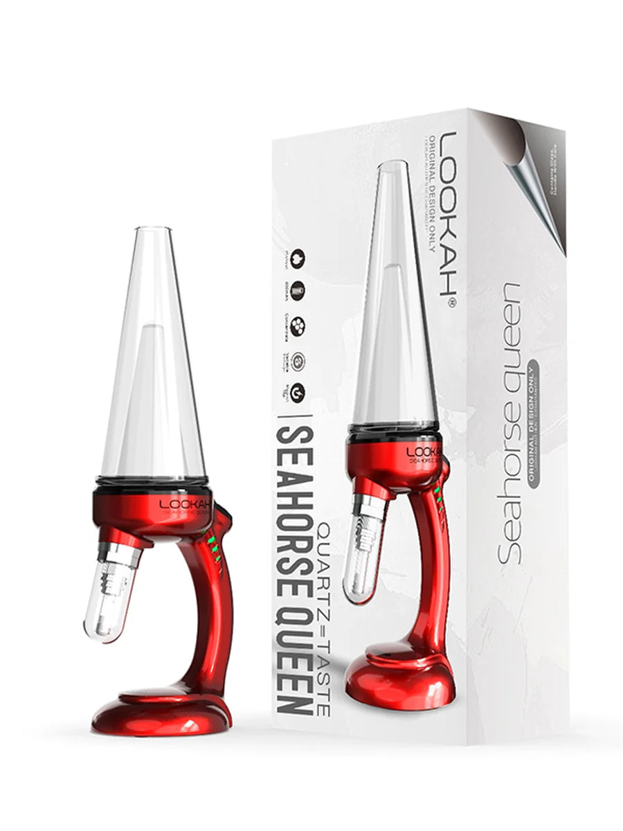 Angled front view of the Lookah Seahorse Queen Electric Nectar Collector in bold red. This premium electronic nectar collector features adjustable voltage settings and a porous quartz heating tip for smooth, flavorful dabs directly from your wax container.