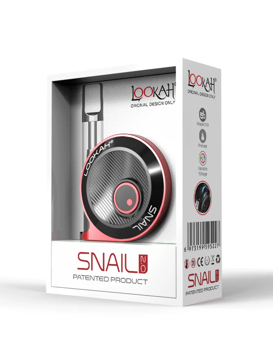 Front view of the Lookah Snail 2.0 350mAh vape battery in vibrant red. This ultra-compact, uniquely contoured 510-thread cart battery fits comfortably in your hand for highly discreet, travel-ready concentrate sessions.