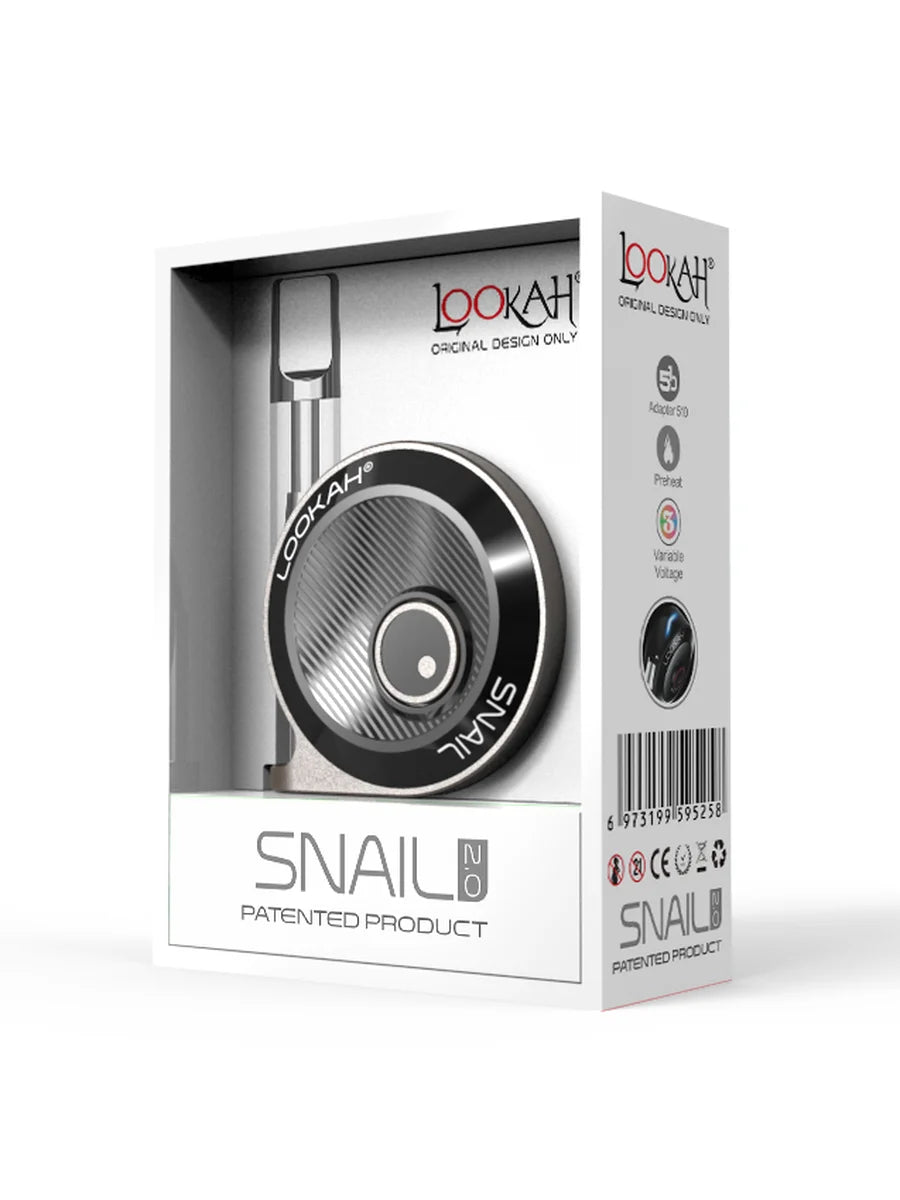 Front view of the Lookah Snail 2.0 350mAh vape battery in vibrant silver. This ultra-compact, uniquely contoured 510-thread cart battery fits comfortably in your hand for highly discreet, travel-ready concentrate sessions.