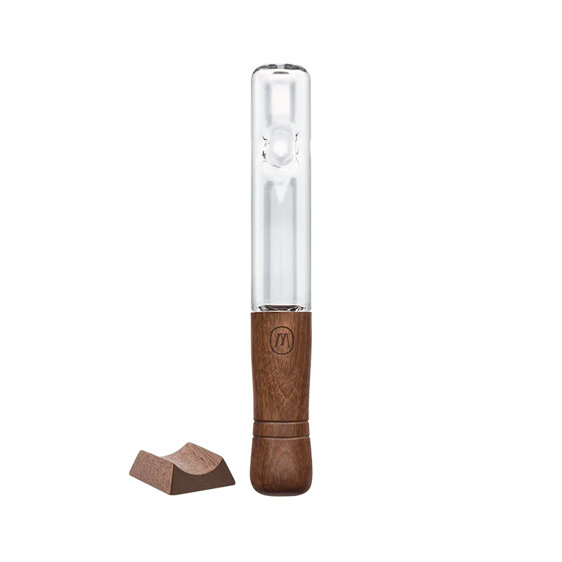 Side profile view of the Marley Natural Rise Up steamroller in clear glass with bold red lettering. This pocket-friendly pipe is crafted from medical-grade borosilicate glass to preserve the natural flavors of dry herb while delivering smooth, flavorful hits.