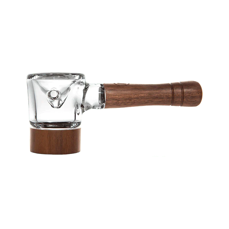 Front view of the Marley Natural Spoon Pipe in a natural brown walnut wood and clear borosilicate glass finish. This premium hand pipe features a rounded wooden bowl base that provides a comfortable grip while smoking dry herbs.
