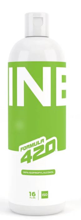 Front view of the Nine9 Formula 420 Isopropyl Cleaner 16oz featuring a green label. This 99.9% isopropyl alcohol solution provides frictionless operation to actively dissolve hardened botanical tar from borosilicate, quartz, and metal hardware.