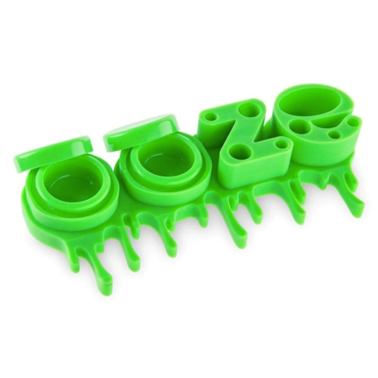 Front angled view of the Ooze Stash Station Silicone Organizer in vibrant green. This premium tabletop storage caddy is engineered with custom slots to safely secure your lighters, dab tools, vape cartridges, and smoking accessories in one place.