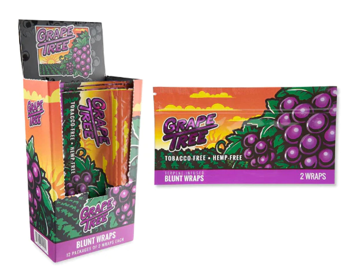 Angled overhead view of the Orchard Beach Terpene Infused Wraps in an assortment of vibrantly colored 12-count display boxes. Made from premium all-natural materials, these tobacco-free wraps are infused with plant-derived terpenes for a slow-burning and deeply flavorful smoking experience.