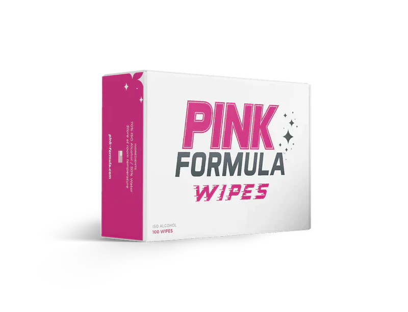 Front view of the Pink Formula Wipes 100-count container in pink and black. These heavy-duty textured cleaning wipes are formulated with an advanced alcohol solution to easily wipe away stubborn resin, tar, and build-up from glass and silicone accessories.