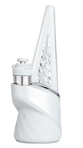 Angled view of the Puffco Peak Pro 3DXL dab rig in elegant Pearl white. This premium smart rig features a high-capacity 3DXL ceramic chamber and joystick carb cap to deliver massive vapor clouds and unparalleled flavor from your wax concentrates.