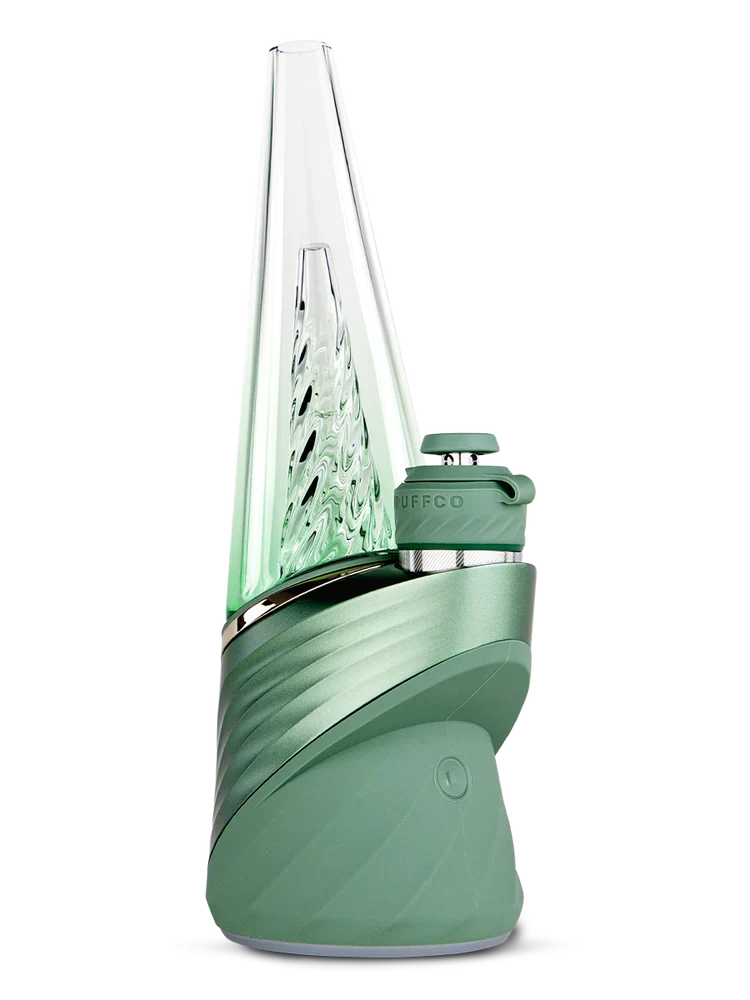 Front view of the Puffco Peak Pro vaporizer in Flourish green. This premium smart e-rig features real-time temperature control and a single-button interface to unlock the ultimate flavor from your plant concentrates.
