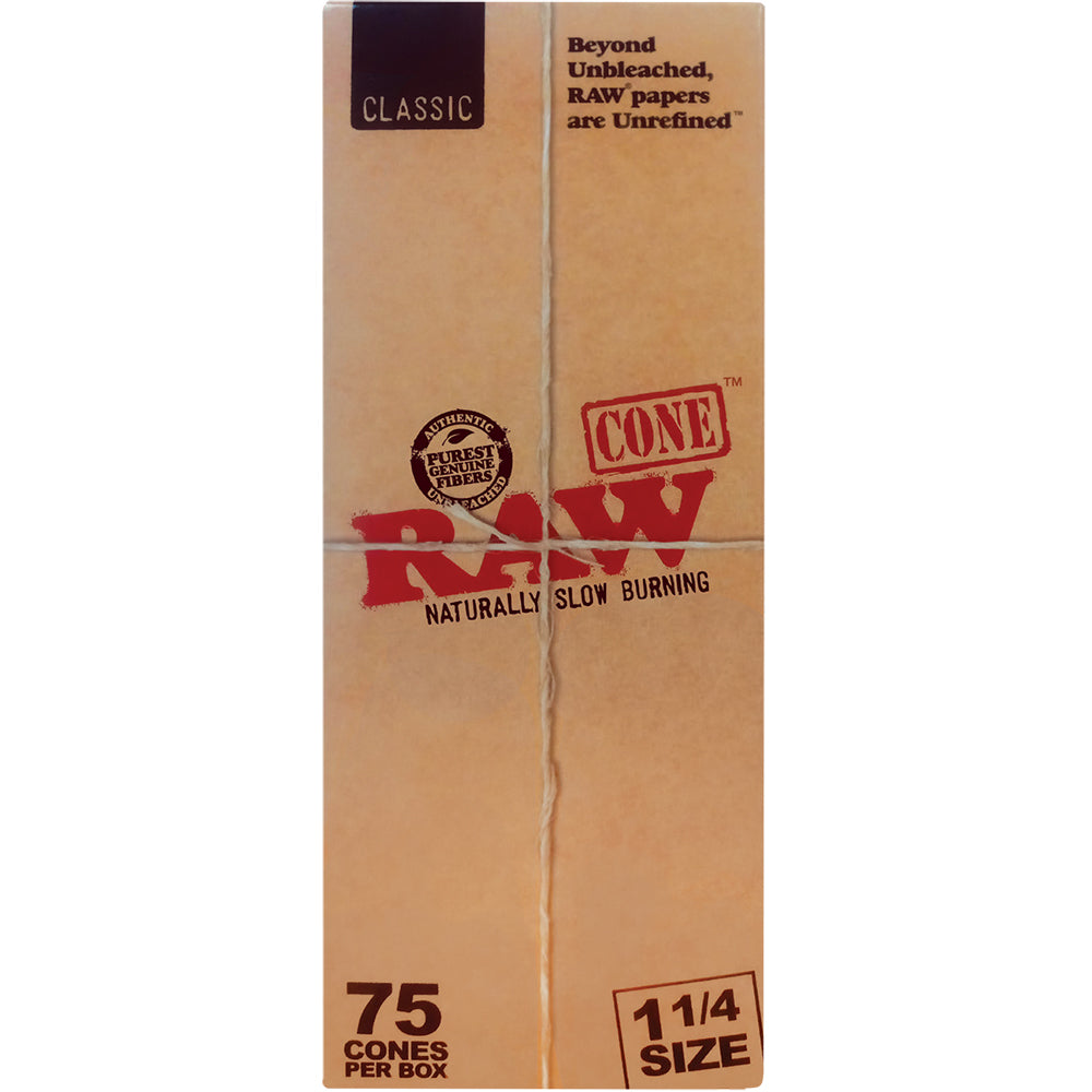 Front view of the RAW 1 1/4 Pre-Rolled Cones 75-count retail box in signature unbleached tan brown and red. This wholesale paper container stores 75 pre-rolled plant fiber cones neatly for personal stock or direct dispensary retail shelves.