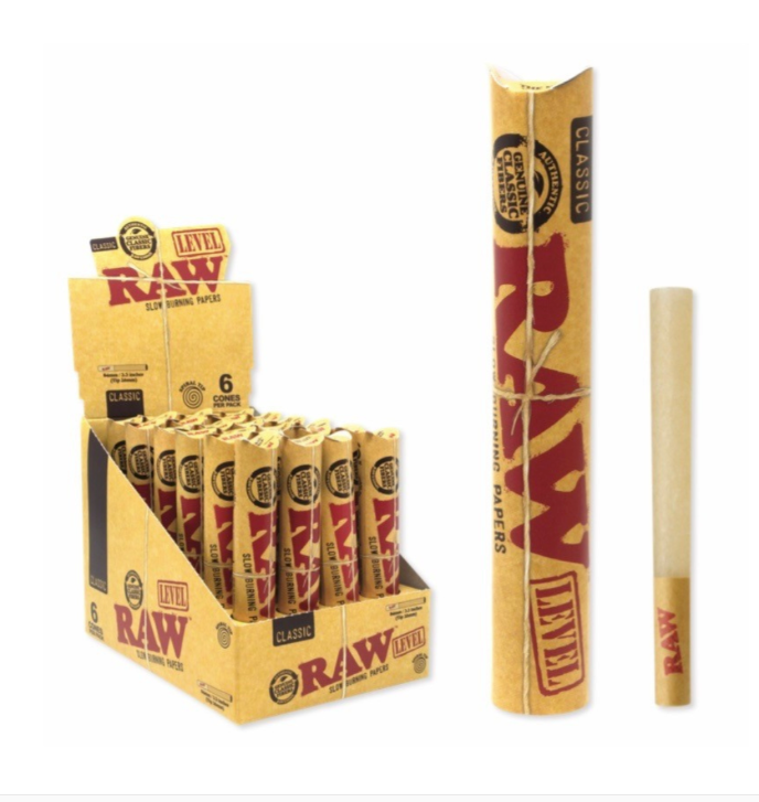 Front angled view of the RAW 1 1/4 Spiral Tip Cones 6-Pack wholesale counter display box in classic unbleached tan brown and red. This retail packaging holds multiple single packs ready for immediate point-of-sale checkout counter placement.