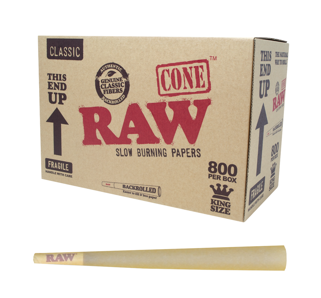 Front angled view of the RAW Classic King Size Bulk Cones 800-count box in natural kraft brown packaging. Made from unrefined, unbleached plant fibers, this massive bulk case provides dispensaries and commercial rollers with a reliable supply of premium pre-rolls.