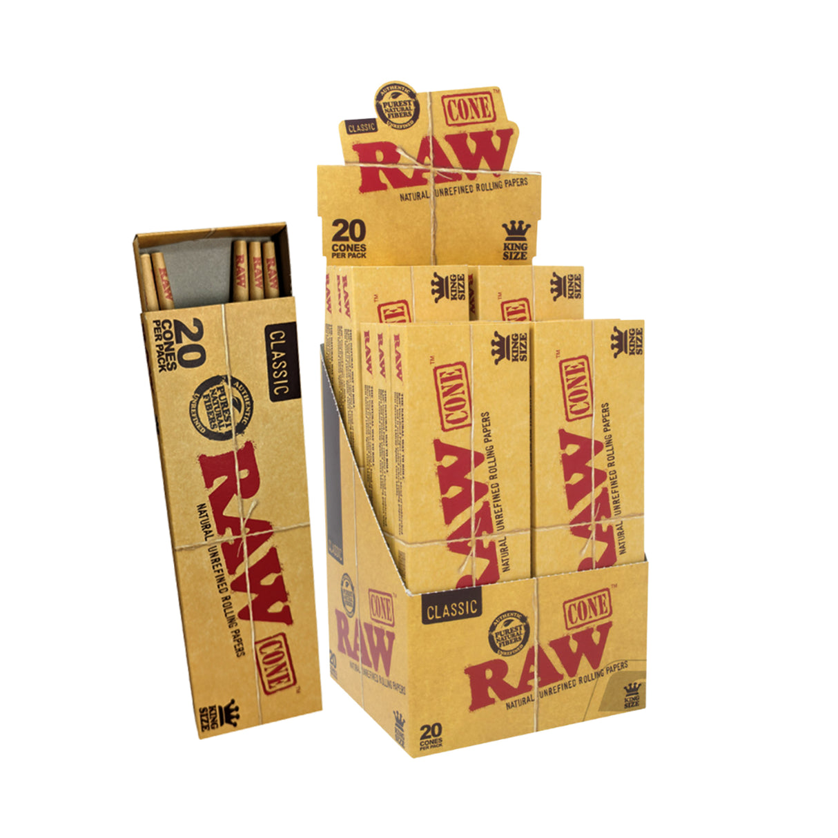 Angled overhead view of the RAW Classic King Size Pre-Rolled Cones 20-Pack box in natural brown. Showcasing the slide-out box opened, this 20-count package provides frequent smokers with an ample supply of ready-to-fill unbleached classic cones.