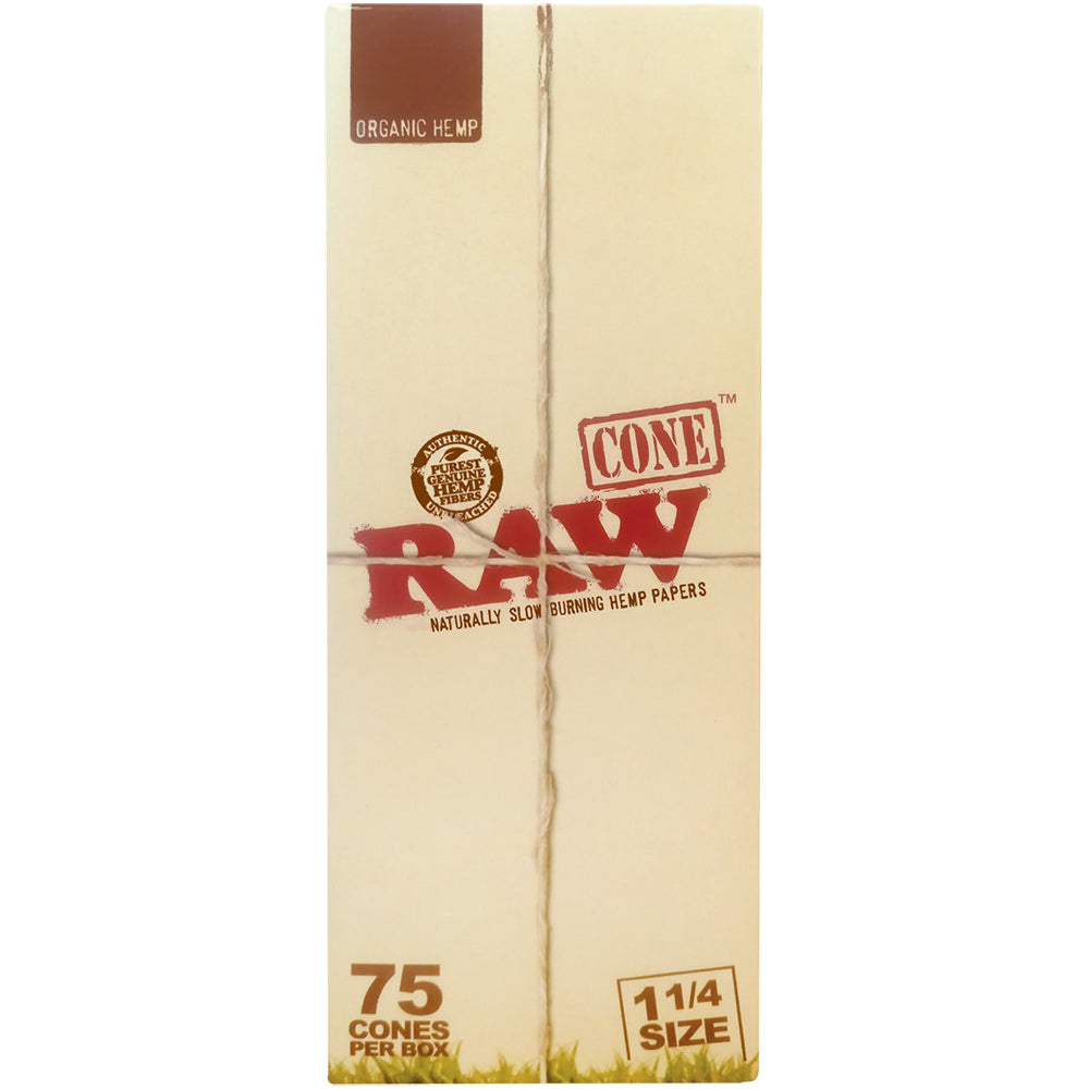 Front angled view of the RAW Organic Hemp Cones 1 1/4 Size 75 Count Box in natural kraft brown packaging. Made from unrefined, organically grown hemp, these pre-rolled cones save time and provide a clean, slow-burning smoke.