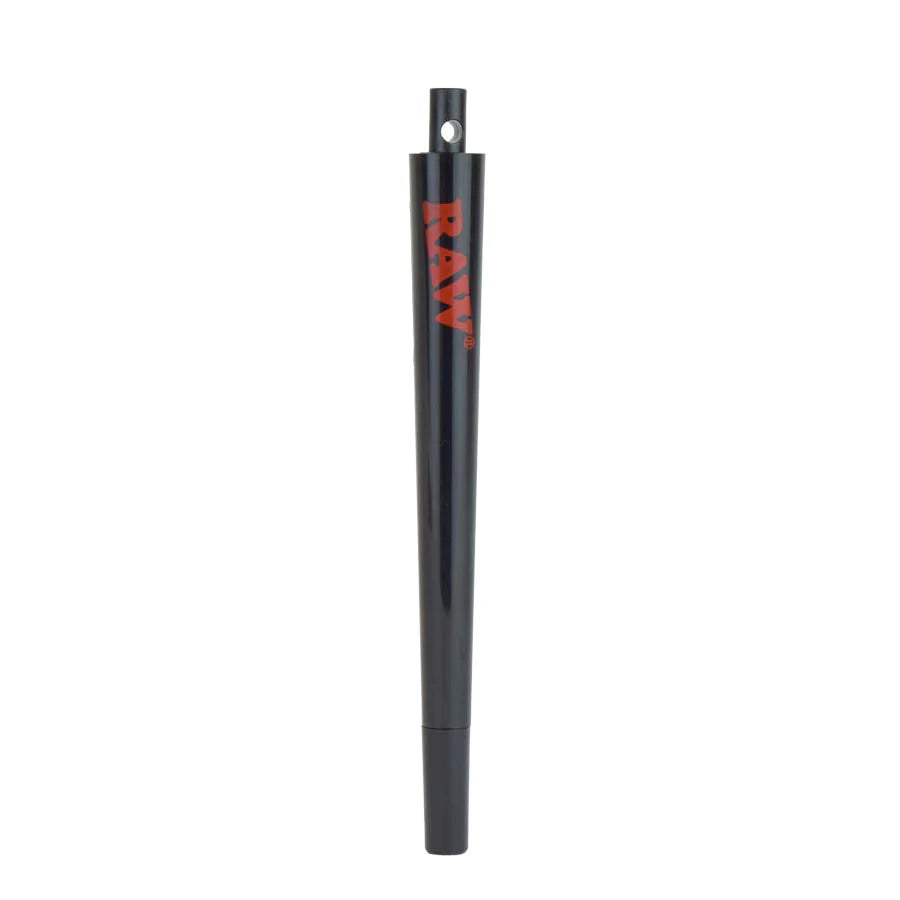 Side profile view of a loose RAW RAWL Pen Cone Roller uncapped in smooth black plastic with the classic red RAW logo stamped on the side. This tool features a precisely tapered barrel design engineered to act as a rigid structural guide for wrapping standard rolling papers into flawless cones.