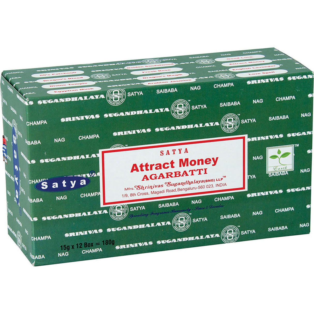 Front view of the Satya Incense 15g 12-Count Display box in the Attract Money variant featuring yellow and green accents. This combustible agarbatti stick display unit is ideal for vertical counter placement to drive impulse checkout transactions.