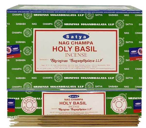 Front view of the Satya Incense 15g 12-Count Display box in the Holy Basil variant featuring forest green trim. This combustible agarbatti stick display unit is ideal for vertical counter placement to drive impulse checkout transactions.