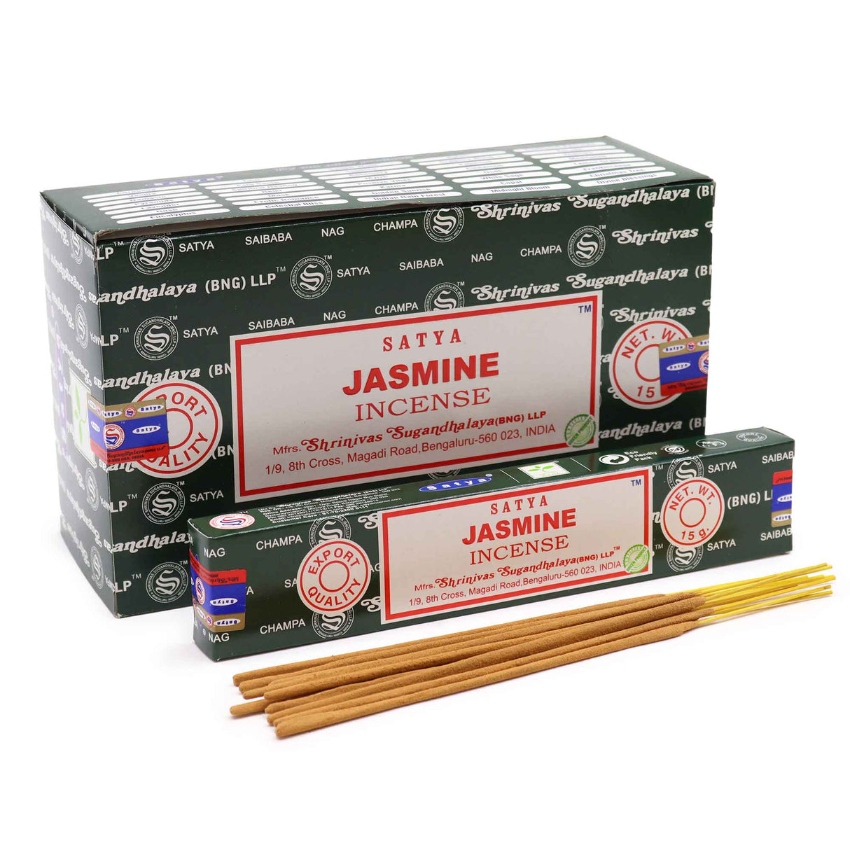 Front view of the Satya Incense 15g 12-Count Display box in the Jasmine variant featuring soft cream and yellow tones. This combustible agarbatti stick display unit is ideal for vertical counter placement to drive impulse checkout transactions.