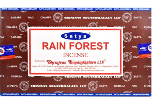 Front view of the Satya Incense 15g 12-Count Display box in the Rain Forest variant. This combustible agarbatti stick display unit is ideal for vertical counter placement to drive impulse checkout transactions.