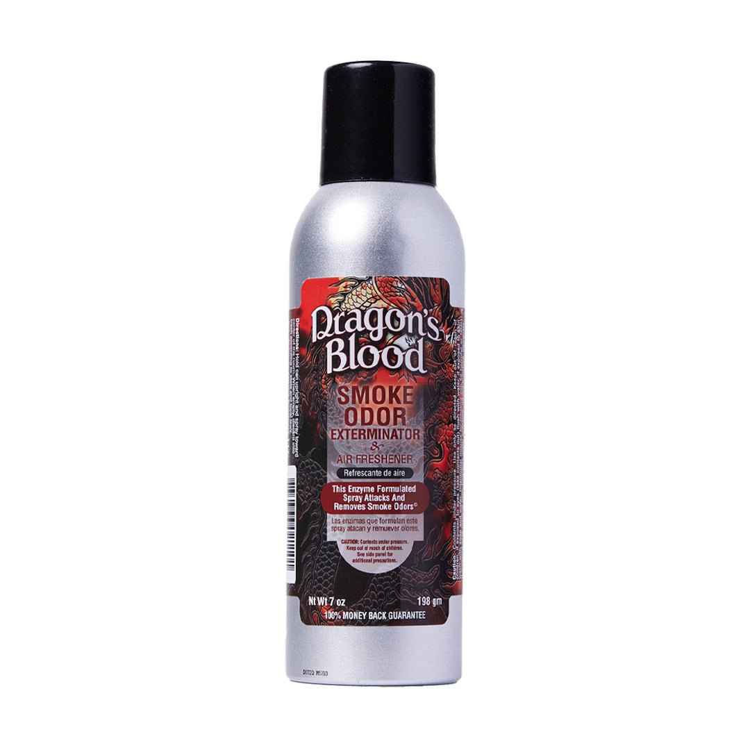 Front view of the Smoke Odor Exterminator Air Freshener 7oz in a red dragon design. This aluminum aerosol canister features an active enzyme formula that physically binds to and neutralizes airborne smoke and environmental smells.