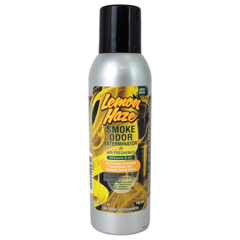 Front view of the Smoke Odor Exterminator Air Freshener 7oz in a yellow smoke lemon haze design. This aluminum aerosol canister features an active enzyme formula that physically binds to and neutralizes airborne smoke and environmental smells.