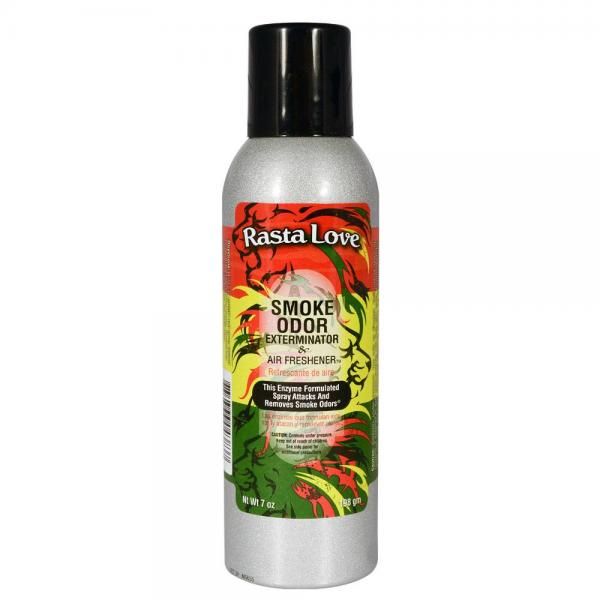 Front view of the Smoke Odor Exterminator Air Freshener 7oz in a red, yellow, green Rasta Love design. This aluminum aerosol canister features an active enzyme formula that physically binds to and neutralizes airborne smoke and environmental smells.