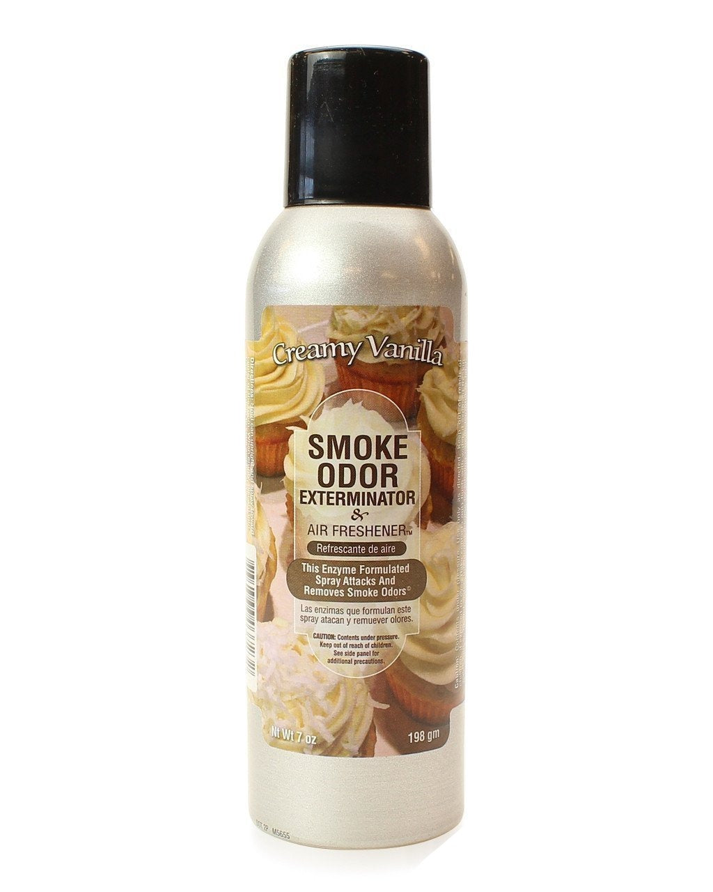 Front view of the Smoke Odor Exterminator Air Freshener 7oz in a beige Creamy Vanilla design. This aluminum aerosol canister features an active enzyme formula that physically binds to and neutralizes airborne smoke and environmental smells.
