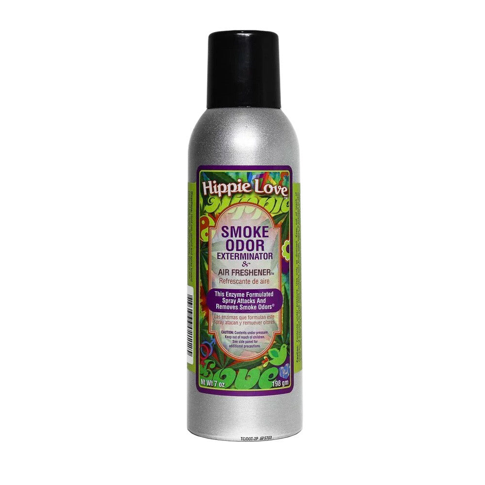 Front view of the Smoke Odor Exterminator Air Freshener 7oz in a vibrant tie-dye Hippie Love design. This aluminum aerosol canister features an active enzyme formula that physically binds to and neutralizes airborne smoke and environmental smells.