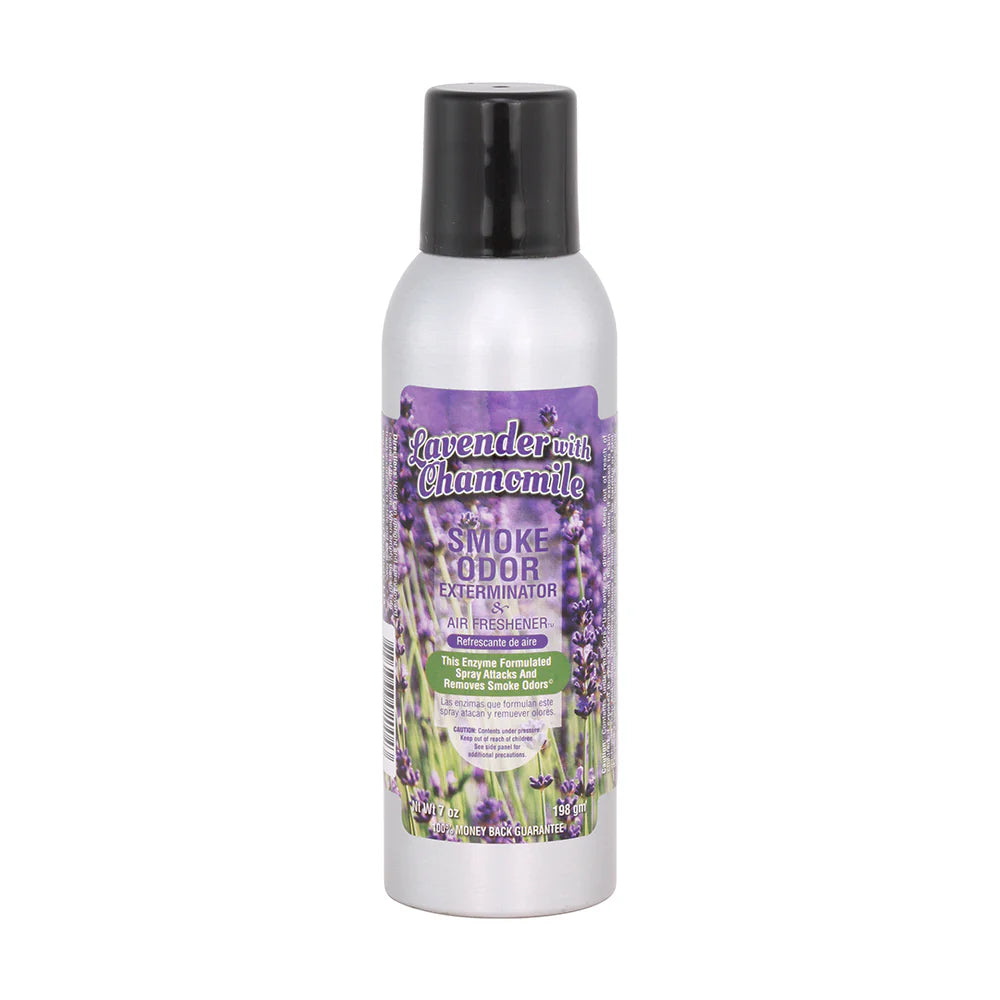 Front view of the Smoke Odor Exterminator Air Freshener 7oz in a purple flower lavender chamomile design. This aluminum aerosol canister features an active enzyme formula that physically binds to and neutralizes airborne smoke and environmental smells.