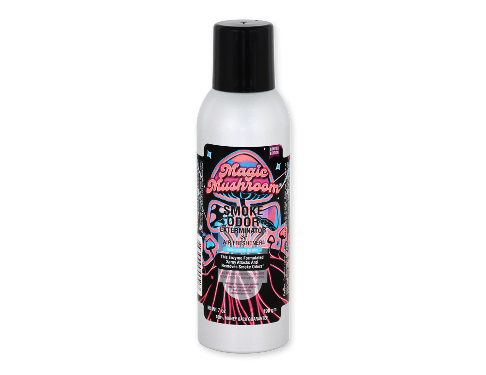 Front view of the Smoke Odor Exterminator Air Freshener 7oz in a neon mushroom magic mushroom design. This aluminum aerosol canister features an active enzyme formula that physically binds to and neutralizes airborne smoke and environmental smells.