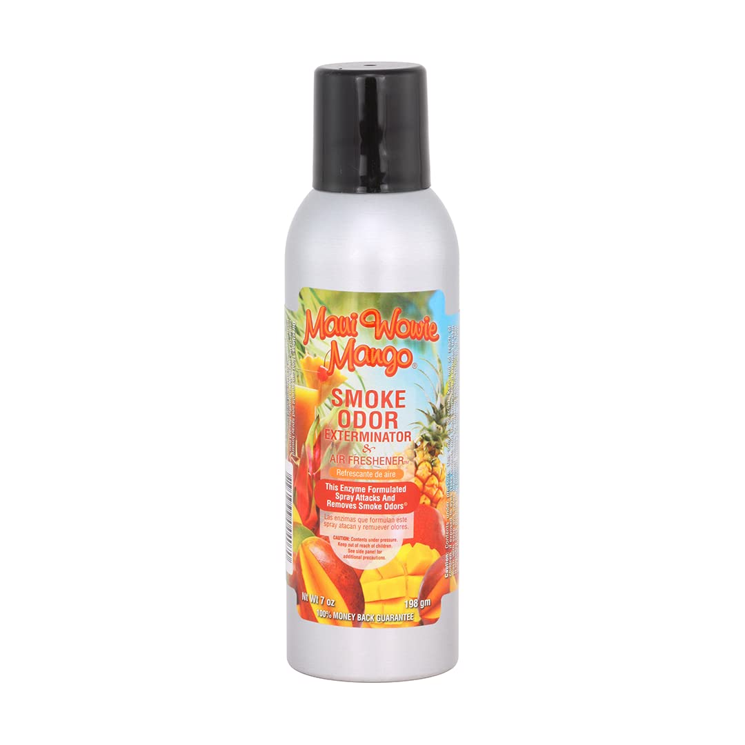 Front view of the Smoke Odor Exterminator Air Freshener 7oz in an orange and yellow Maui Wowie Mango design. This aluminum aerosol canister features an active enzyme formula that physically binds to and neutralizes airborne smoke and environmental smells.