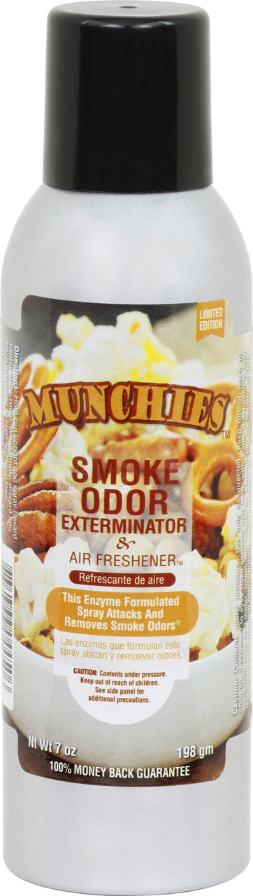 Front view of the Smoke Odor Exterminator Air Freshener 7oz in a snack themed munchies design. This aluminum aerosol canister features an active enzyme formula that physically binds to and neutralizes airborne smoke and environmental smells.