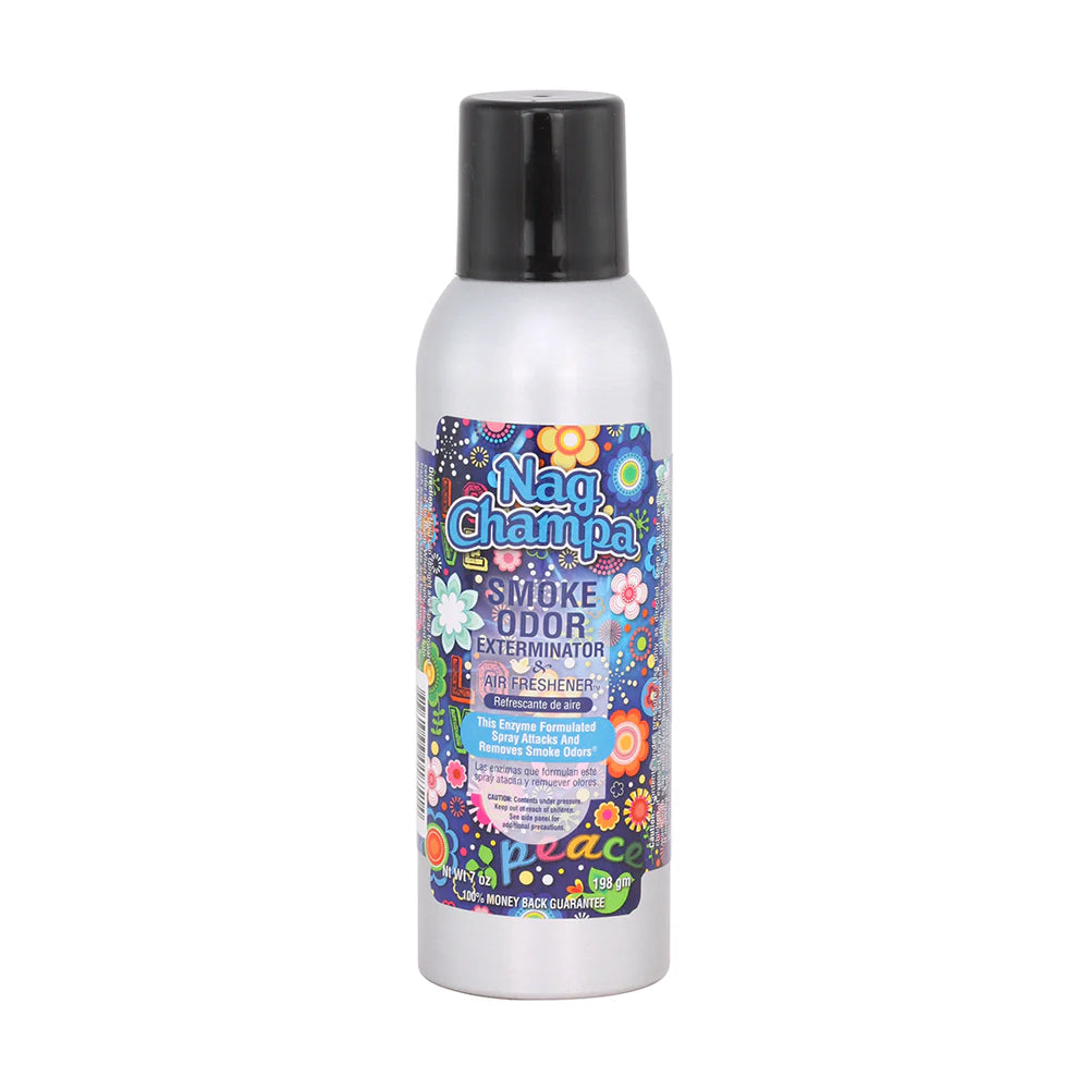 Front view of the Smoke Odor Exterminator Air Freshener 7oz in a flower hag champa design. This aluminum aerosol canister features an active enzyme formula that physically binds to and neutralizes airborne smoke and environmental smells.