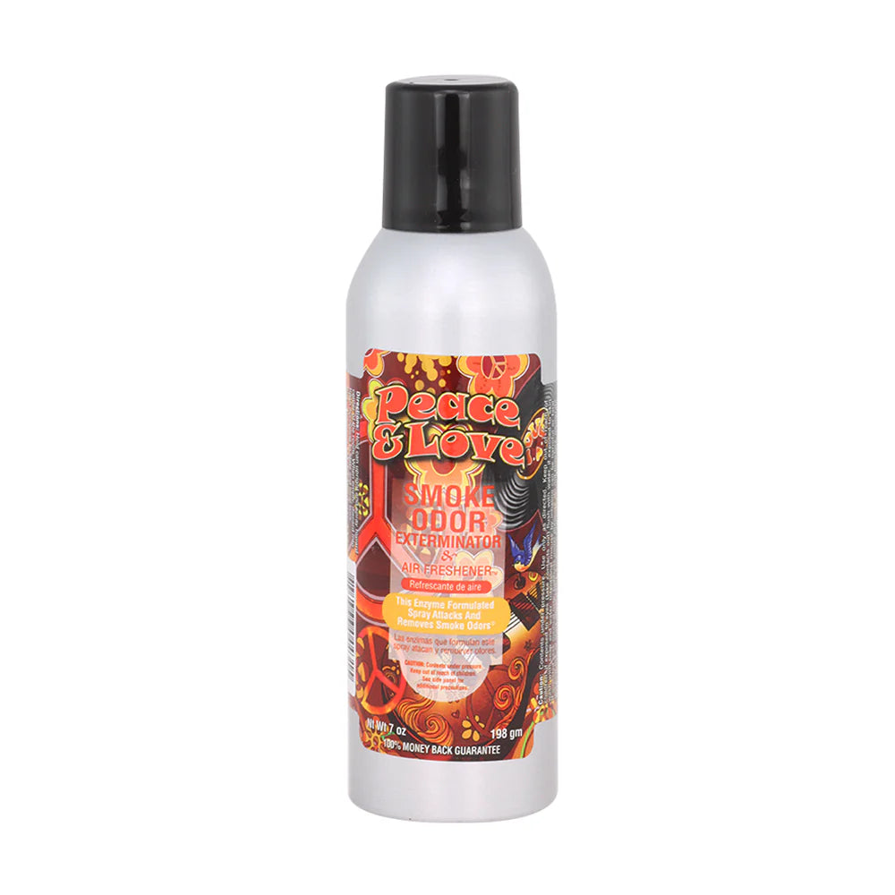 Front view of the Smoke Odor Exterminator Air Freshener 7oz in a colorful Peace & Love design. This aluminum aerosol canister features an active enzyme formula that physically binds to and neutralizes airborne smoke and environmental smells.