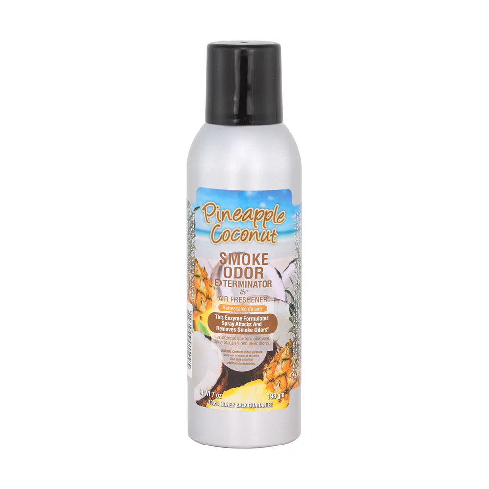 Front view of the Smoke Odor Exterminator Air Freshener 7oz in a beach pineapple coconut design. This aluminum aerosol canister features an active enzyme formula that physically binds to and neutralizes airborne smoke and environmental smells.