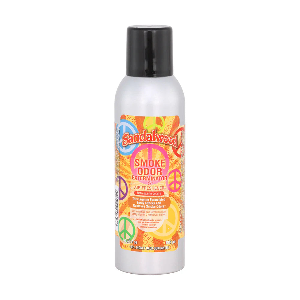 Front view of the Smoke Odor Exterminator Air Freshener 7oz in a colorful peace themed sandalwood design. This aluminum aerosol canister features an active enzyme formula that physically binds to and neutralizes airborne smoke and environmental smells.