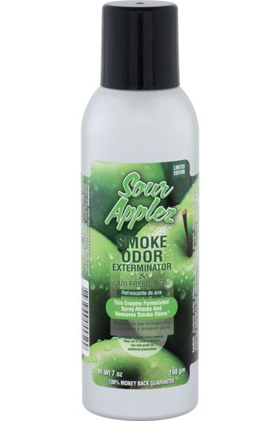 Front view of the Smoke Odor Exterminator Air Freshener 7oz in a green apple sour applez design. This aluminum aerosol canister features an active enzyme formula that physically binds to and neutralizes airborne smoke and environmental smells.