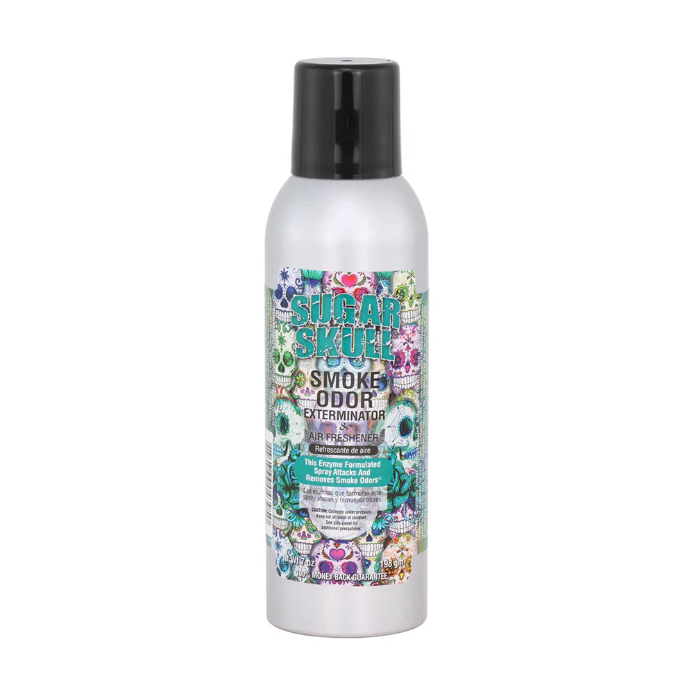 Front view of the Smoke Odor Exterminator Air Freshener 7oz in a vibrant skull sugar skull design design. This aluminum aerosol canister features an active enzyme formula that physically binds to and neutralizes airborne smoke and environmental smells.