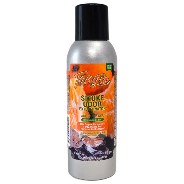 Front view of the Smoke Odor Exterminator Air Freshener 7oz in a orange tangie design. This aluminum aerosol canister features an active enzyme formula that physically binds to and neutralizes airborne smoke and environmental smells.