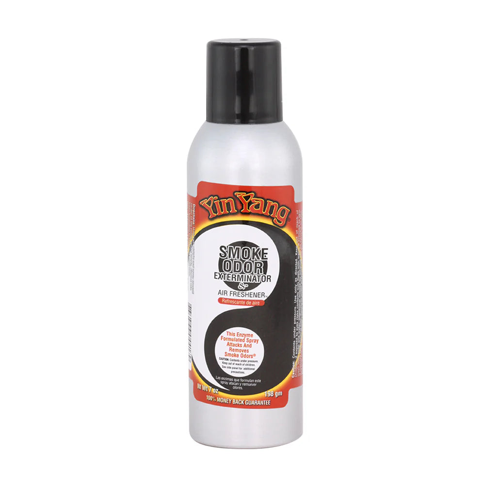 Front view of the Smoke Odor Exterminator Air Freshener 7oz in a red and mono yin and yang design. This aluminum aerosol canister features an active enzyme formula that physically binds to and neutralizes airborne smoke and environmental smells.