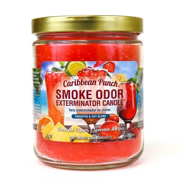Front view of the Smoke Odor Exterminator Candle 13oz in a tropical orange and red Caribbean Punch design. This enzyme-activated glass mason jar candle physically binds to and neutralizes airborne smoke and environmental smells.