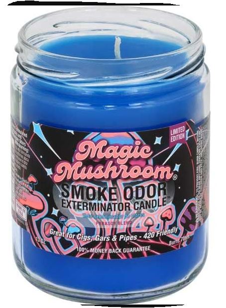 Front view of the Smoke Odor Exterminator Candle 13oz in a neon psychedelic Magic Mushroom design. This enzyme-activated glass mason jar candle physically binds to and neutralizes airborne smoke and environmental smells.