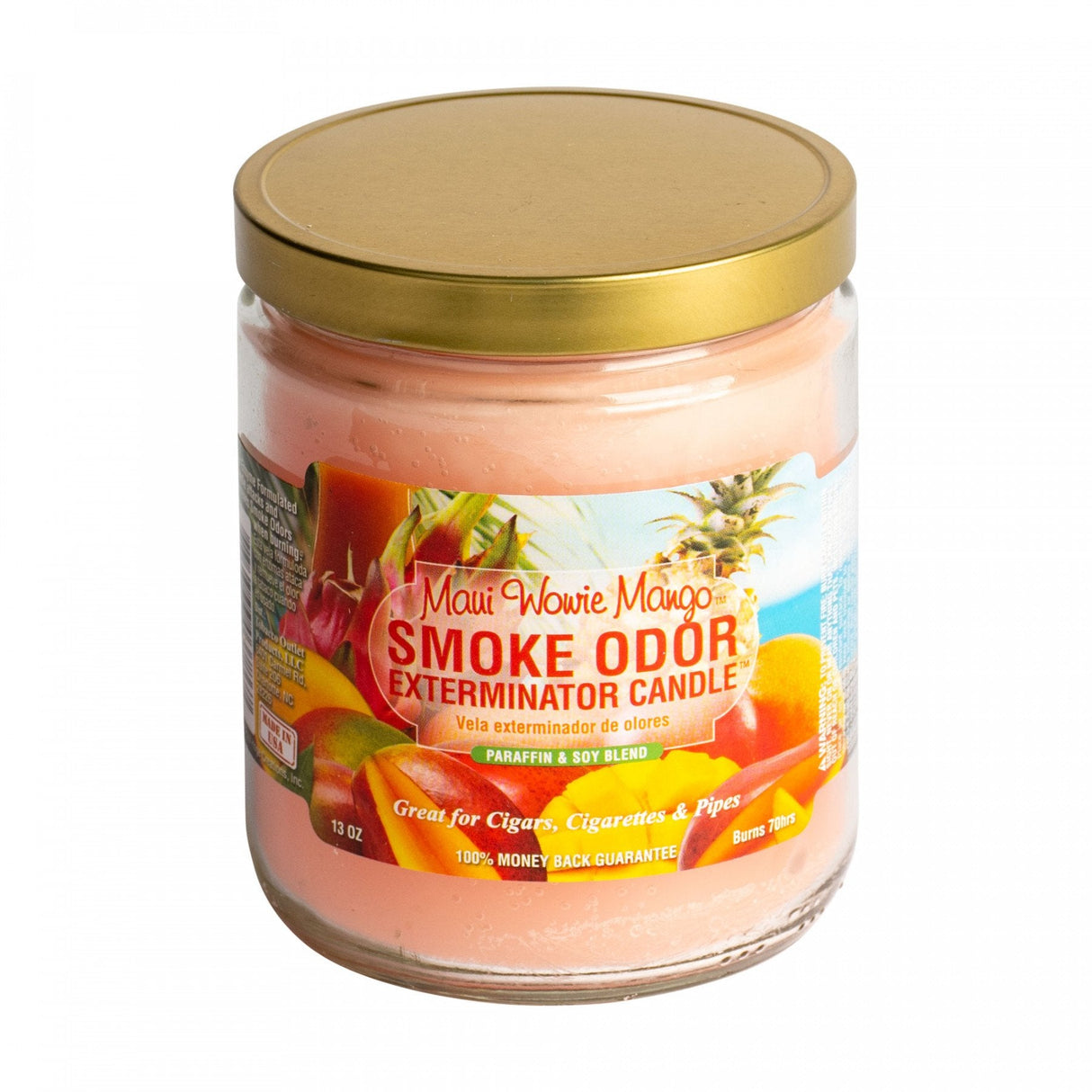 Front view of the Smoke Odor Exterminator Candle 13oz in an orange and yellow Maui Wowie Mango design. This enzyme-activated glass mason jar candle physically binds to and neutralizes airborne smoke and environmental smells.