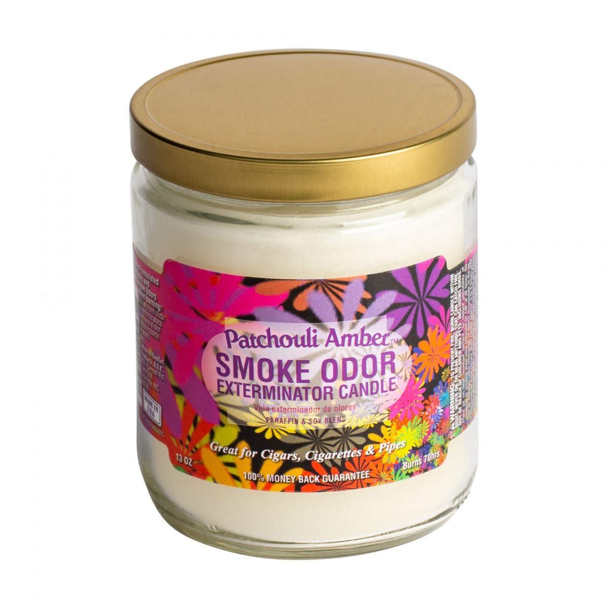 Front view of the Smoke Odor Exterminator Candle 13oz in an amber and brown Patchouli Amber design. This enzyme-activated glass mason jar candle physically binds to and neutralizes airborne smoke and environmental smells.